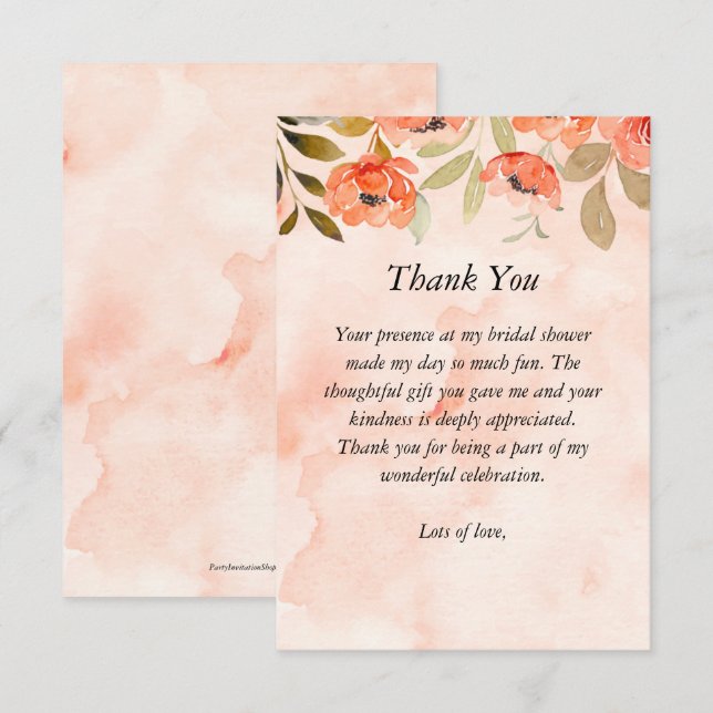 Carte De Remerciements Aquarelle Orange Fête des mariées Florale (Devant / Derrière)