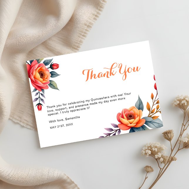 Carte De Remerciements Aquarelle Orange Floral Quinceanera 15e anniversai (Créateur téléchargé)
