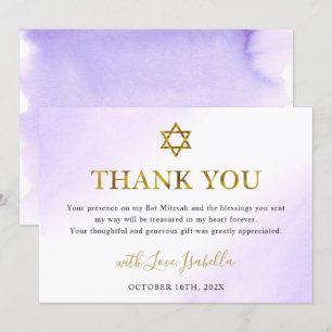 Carte De Remerciements Aquarelle Pastel Purple Gold Bat mitzvah