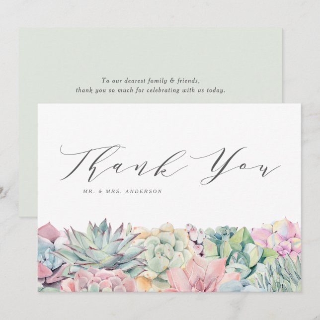 Carte De Remerciements Aquarelle Pastel Succulents Mariage Garland (Devant / Derrière)