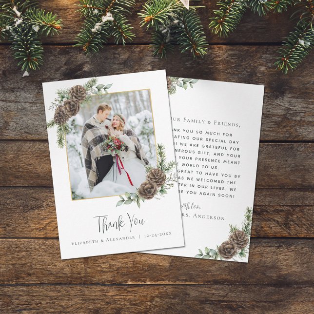 Carte De Remerciements Aquarelle Pine Cône Elégant Mariage d'hiver Photo (Créateur téléchargé)