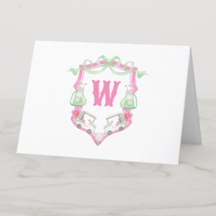 Carte De Remerciements Aquarelle Pink & Green Golf Panier Monogram Crest