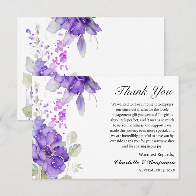 Carte De Remerciements Aquarelle Purple Floral Fiançailles Cadeau (Devant / Derrière)