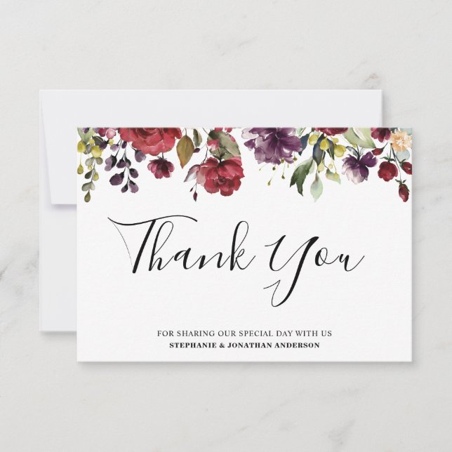 Carte De Remerciements Aquarelle romantique Bourgogne Rouge Blush Rose Fl (Devant)