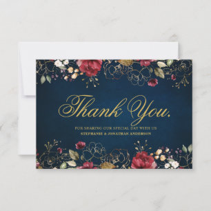 Carte De Remerciements Aquarelle romantique Bourgogne Rouge Marine or Flo