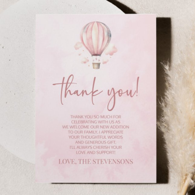 Carte De Remerciements Aquarelle rose Baby shower à air chaud (Créateur téléchargé)