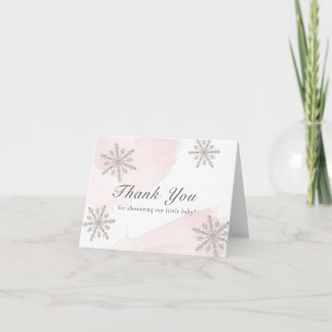 Carte De Remerciements Aquarelle rose Baby shower de flocons d'argent