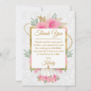 Carte De Remerciements Aquarelle rose Citrouille Fleurs or Foil doux 16