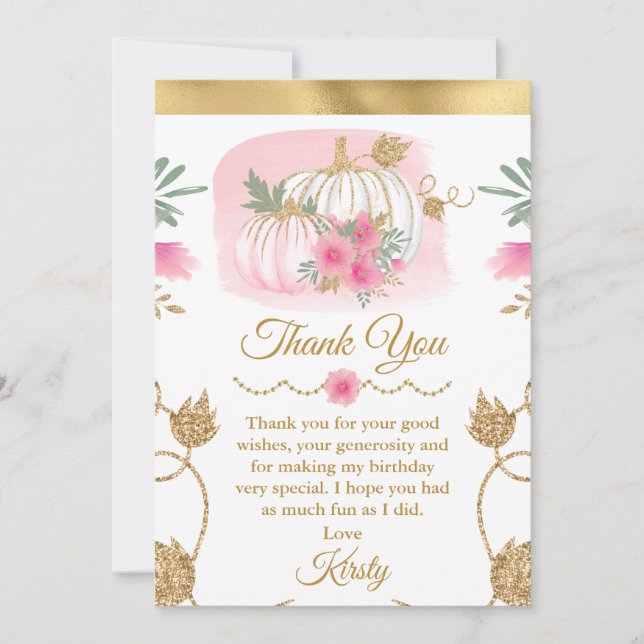 Carte De Remerciements Aquarelle rose Citrouille or Parties scintillant d (Devant)