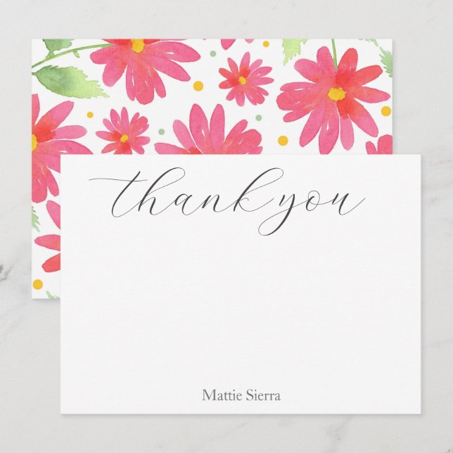 Carte De Remerciements Aquarelle rose corail Motif marguerite 2 (Devant / Derrière)