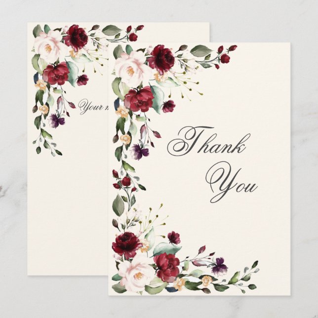Carte De Remerciements Aquarelle rose de Bourgogne (Devant / Derrière)