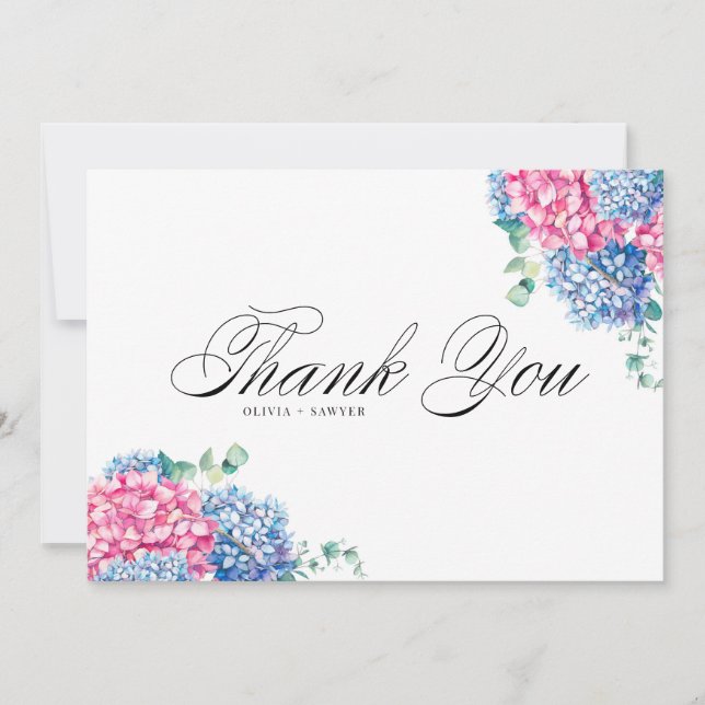 Carte De Remerciements Aquarelle rose et bleu Hydrangeas Mariage (Devant)