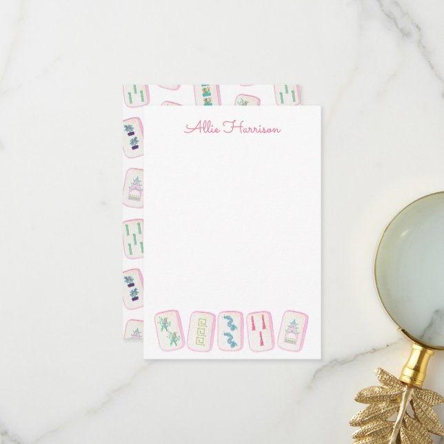 Carte De Remerciements Aquarelle rose et vert Mahjong Carreaux Personnali (Devant/Arrière en situation)