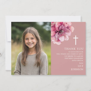 Carte De Remerciements Aquarelle rose Fleur Photo Première communion sain