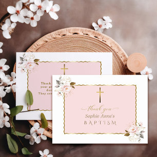 Carte De Remerciements Aquarelle rose Fleurs d'or Fille Baptême