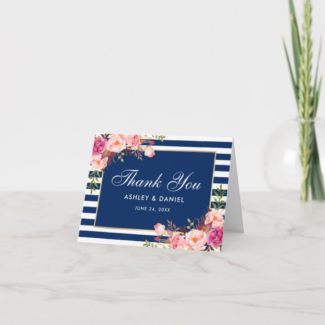 Carte De Remerciements Aquarelle rose Floral Bleu Bleu Mariage Note (Devant)