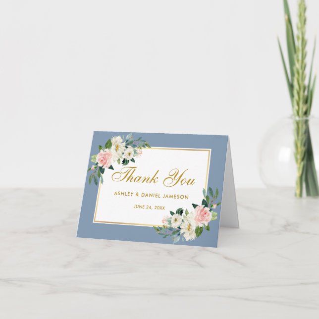 Carte De Remerciements Aquarelle rose Floral or Dusty Mariage bleu (Devant)