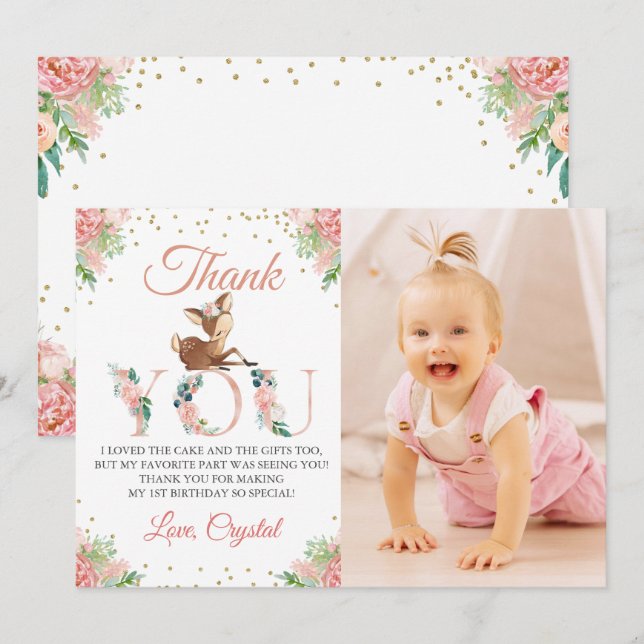 Carte De Remerciements Aquarelle rose Floral Petit Cerf Photo Anniversair (Devant / Derrière)