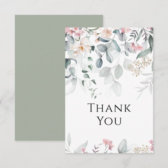 Carte De Remerciements Aquarelle rose Mariage de verdure (Devant / Derrière)
