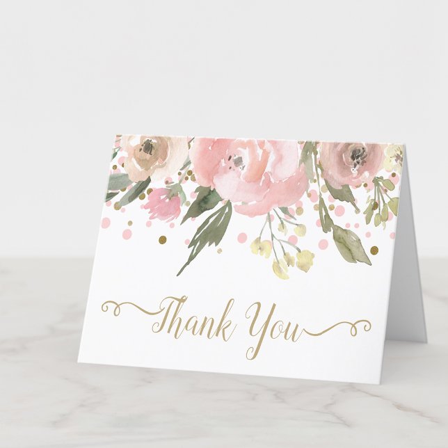 Carte De Remerciements Aquarelle rose or Floral (Pink & gold watercolor floral blank thank you notecard. Add your personal message, or leave blank.)