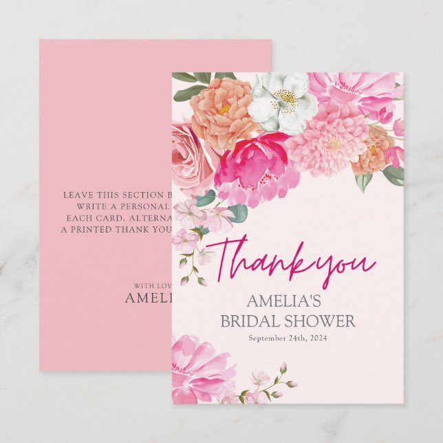 Carte De Remerciements Aquarelle rose pâle Fête des mariées florale Bienv (Devant / Derrière)