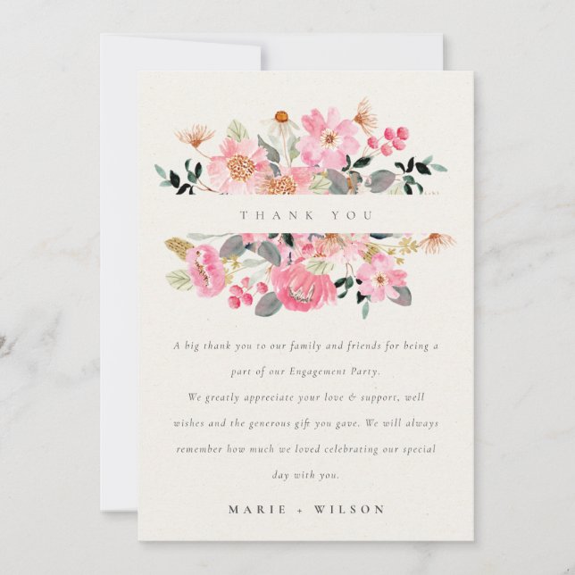 Carte De Remerciements Aquarelle rose pâle Fiançailles floral (Devant)