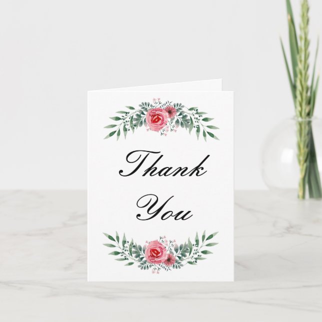 Carte De Remerciements Aquarelle Rose Rose Vert Feuillage (Devant)