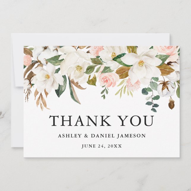 Carte De Remerciements Aquarelle rose Roses blanches Magnolias Mariage (Devant)
