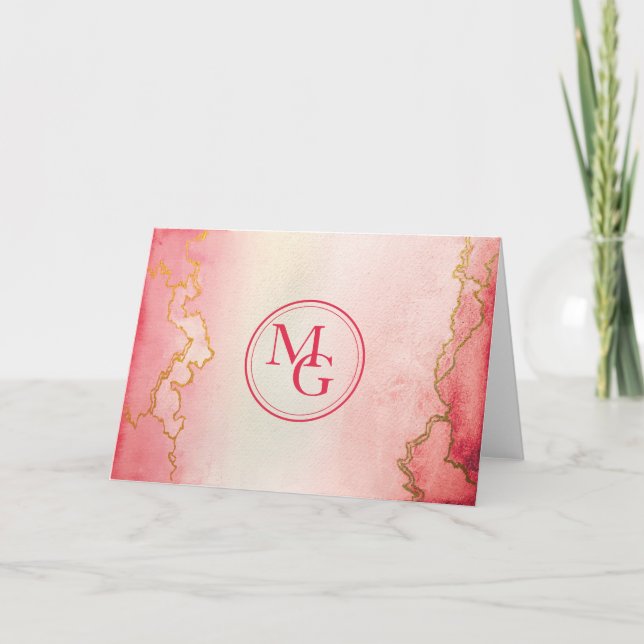 Carte De Remerciements Aquarelle rose rouge rouge rouge ombre or monogram (Devant)