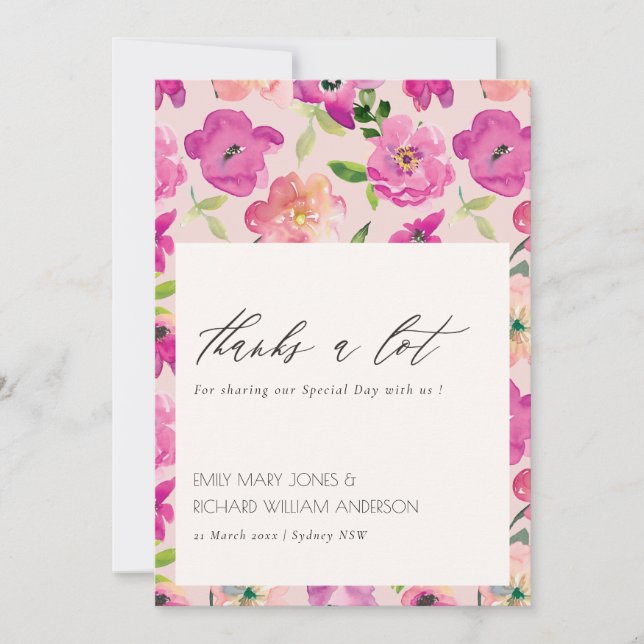 Carte De Remerciements Aquarelle rose vif rétro Mariage floral (Devant)