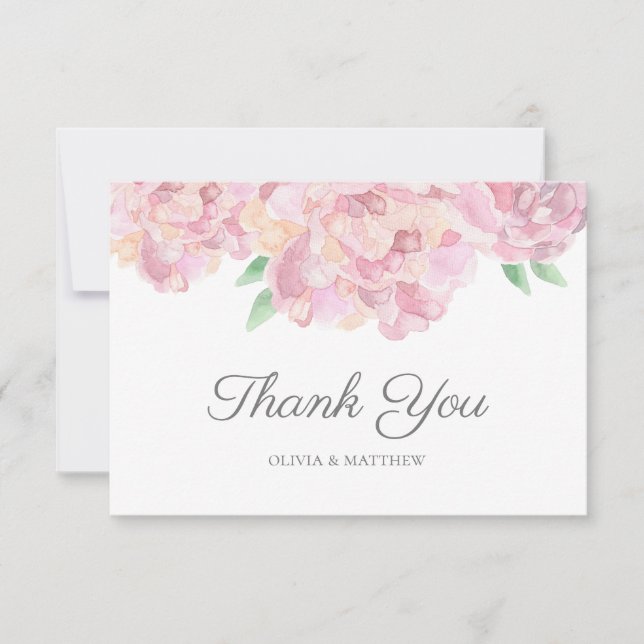 Carte De Remerciements Aquarelle roses pivoines. Mariage fleuri du jardin (Devant)
