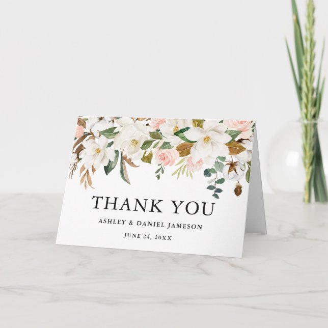 Carte De Remerciements Aquarelle Roses roses blanches Magnolias Mariage P (Devant)