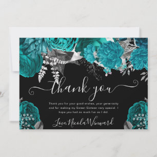 Carte De Remerciements Aquarelle Roses Turquoise et Argent Douce 16