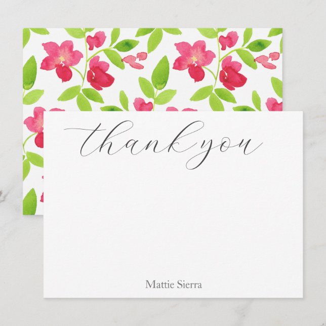 Carte De Remerciements Aquarelle rouge motif floral (Devant / Derrière)