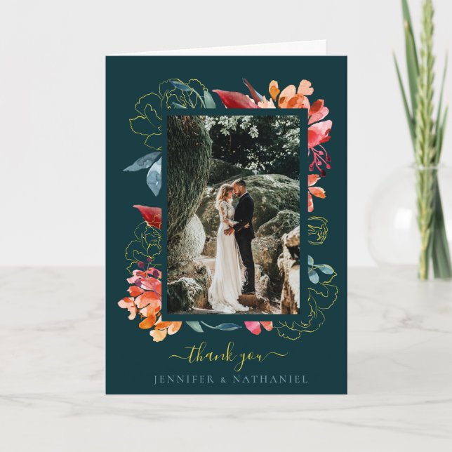 Carte De Remerciements Aquarelle rouille Turquoise profonde Mariage flora (Devant)