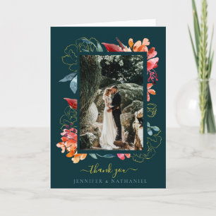 Carte De Remerciements Aquarelle rouille Turquoise profonde Mariage flora