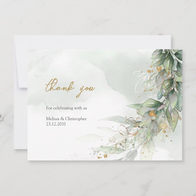 Carte De Remerciements Aquarelle rustique eucalyptus vert or (Devant)