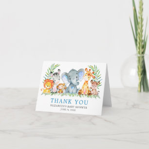 Carte De Remerciements Aquarelle Safari Animaux Baby shower Blue Note