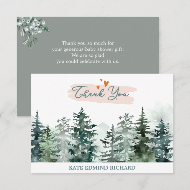 Carte De Remerciements Aquarelle Sage Green Forest Pine Baby shower (Devant / Derrière)