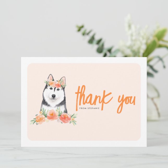 Carte De Remerciements Aquarelle Sibérie Husky Peach Flowers Anniversaire (Debout devant)