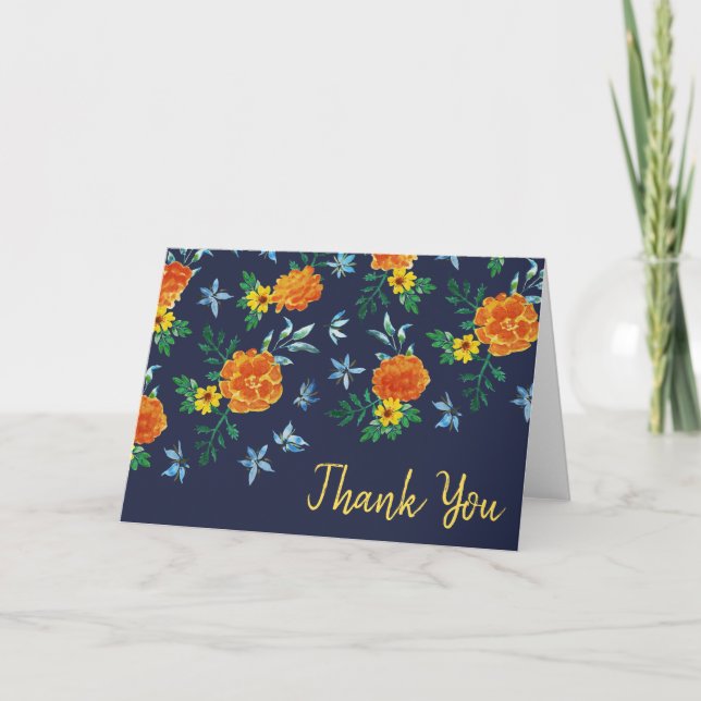 Carte De Remerciements Aquarelle Simple Marigold Fleurs Midnight Blue (Devant)