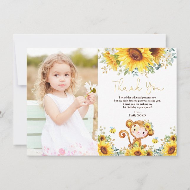 Carte De Remerciements Aquarelle Sunflower Monkey Baby Girl Anniversaire (Devant)