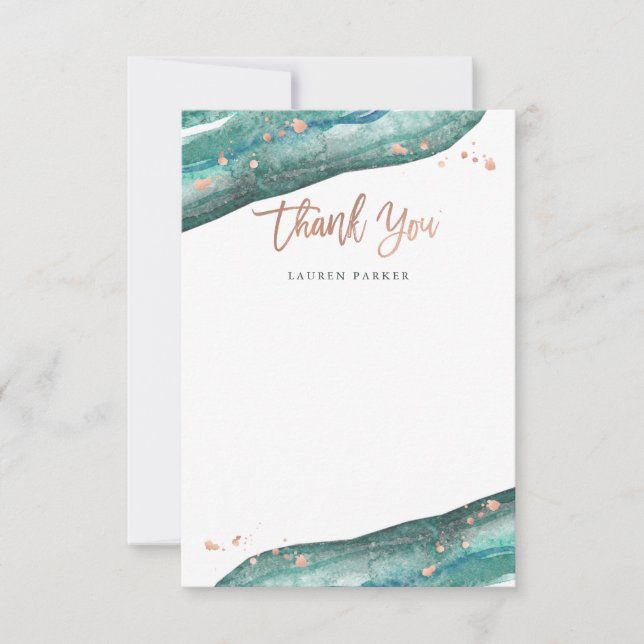 Carte De Remerciements Aquarelle Teal et or rose Geode (Devant)