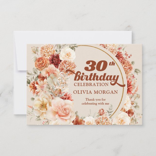 Carte De Remerciements Aquarelle terre cuite bordeaux 30e anniversaire (Devant)