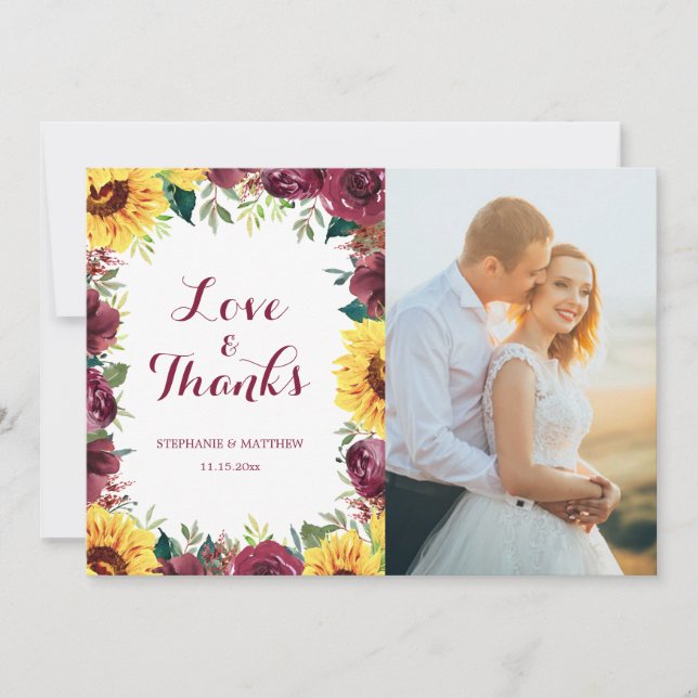 Carte De Remerciements Aquarelle tournesol Floral Frontière Mariage Photo (Devant)