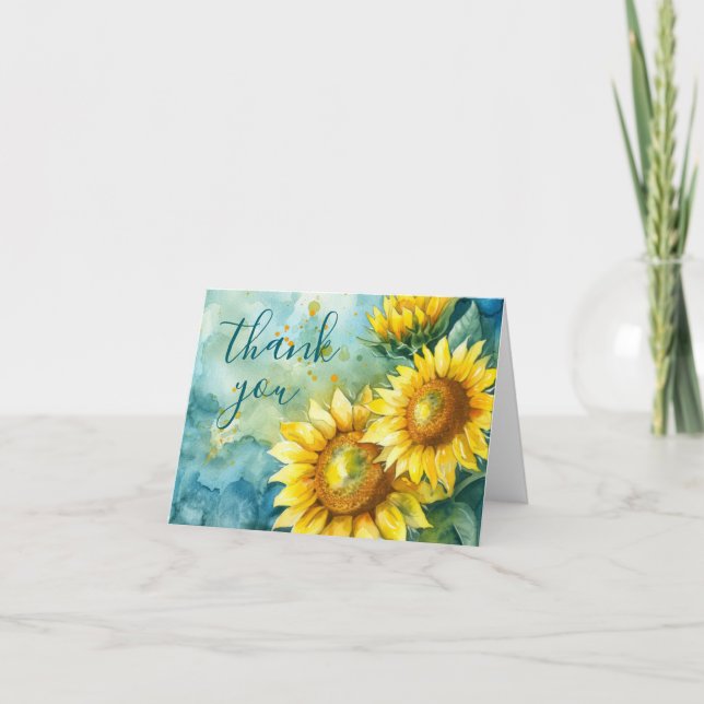 Carte De Remerciements Aquarelle Tournesol Turquoise foncé (Devant)