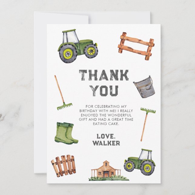 Carte De Remerciements Aquarelle Tracteur vert Anniversaire (Devant)