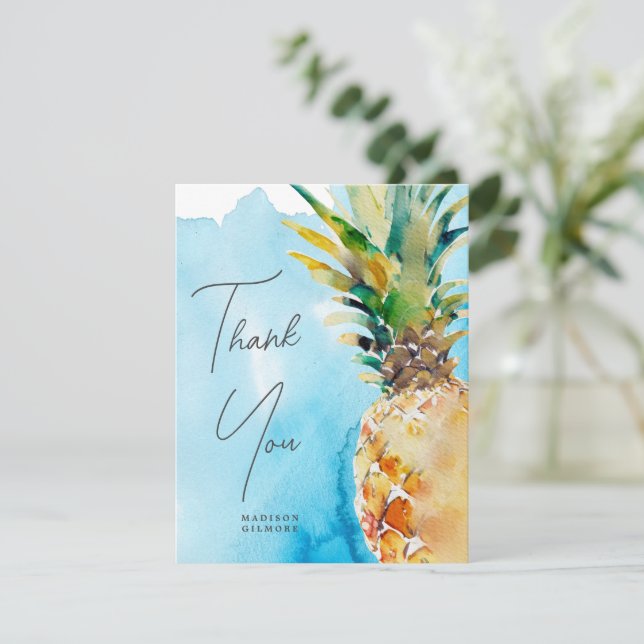 Carte De Remerciements Aquarelle tropicale de l'ananas Mariage (Debout devant)