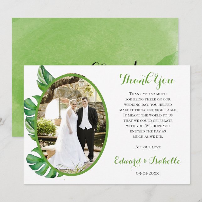 Carte De Remerciements Aquarelle tropicale Vert Monstera Feuille Mariage (Devant / Derrière)