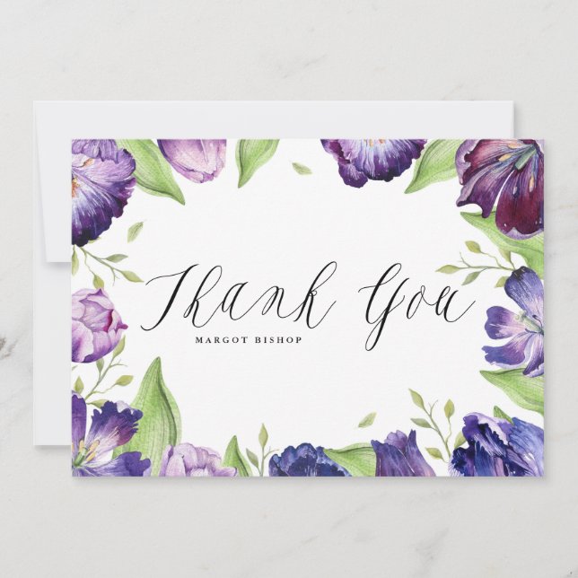 Carte De Remerciements Aquarelle Tulipes pourpres Mariage de cadre fleuri (Devant)